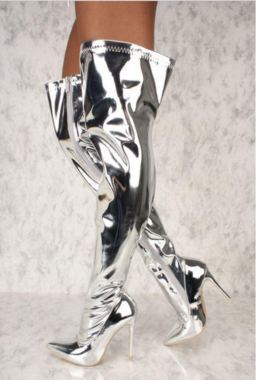 silver thigh high heels